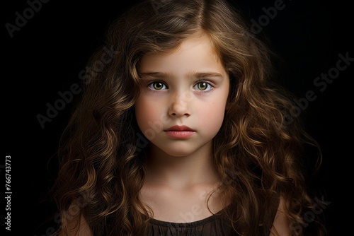 Portrait of a little girl with long curly hair on a black background.