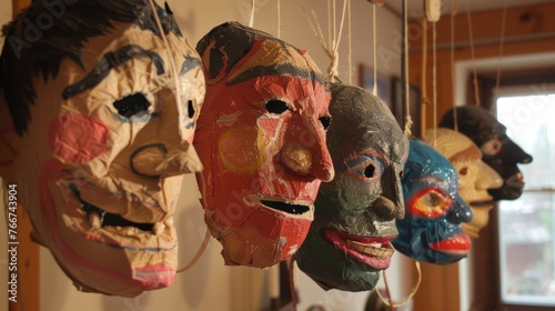 In the familys living room there are six paper mache masks drying on a clothesline. Each one has a different expression representing the personalities of the family members photo