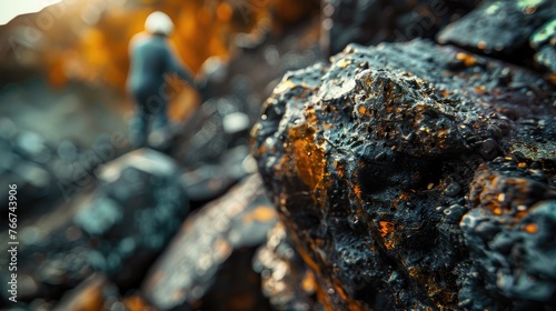 Close-up of a miner surveying an ore-rich rock formation, showcasing the search for valuable minerals
