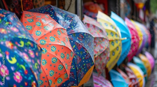 A row of umbrellas each one a unique pattern or design propped up against a shop wall giving a glimpse into the varied tastes and personalities of the people who own them. © Justlight