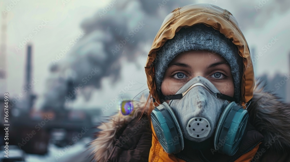 A close - up of a person wearing an anti - pollution mask in an industrial setting with factories emitting smoke and pollutants A close - up of a person wearing an anti - pollution mask in an industrial setting with factories emitting smoke and pollutants