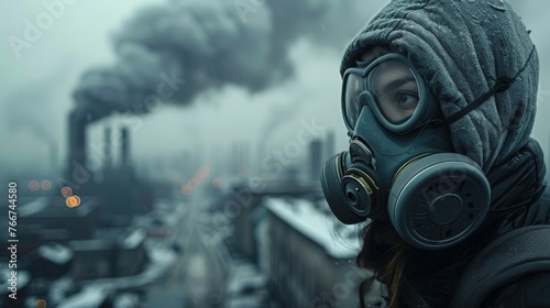 A close - up of a person wearing an anti - pollution mask in an industrial setting with factories emitting smoke and pollutants 