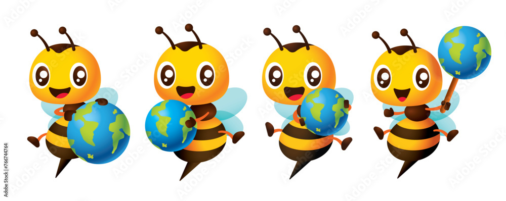 Cartoon cute honey bee holding globe different pose character illustration vector set Cartoon cute honey bee holding globe different pose character illustration vector set