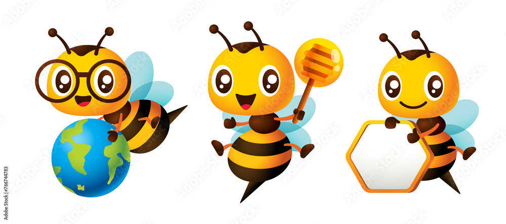 Cute honey bee cartoon mascot set with holding blank signboard, honey dripper and globe illustration 