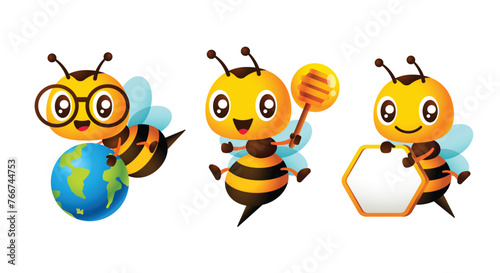 Cute honey bee cartoon mascot set with holding blank signboard, honey dripper and globe illustration vector