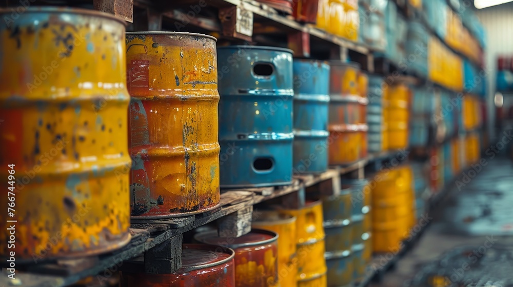 A close - up of hazardous waste materials such as chemical barrels and toxic containers in an industrial setting A close - up of hazardous waste materials such as chemical barrels and toxic containers in an industrial setting