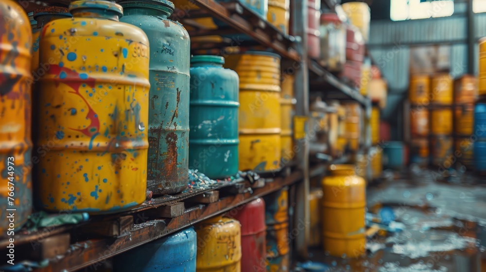 A close - up of hazardous waste materials such as chemical barrels and toxic containers in an industrial setting A close - up of hazardous waste materials such as chemical barrels and toxic containers in an industrial setting