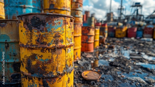  A close - up of hazardous waste materials such as chemical barrels and toxic containers in an industrial setting