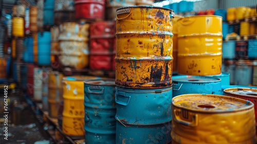  A close - up of hazardous waste materials such as chemical barrels and toxic containers in an industrial setting © Media Srock