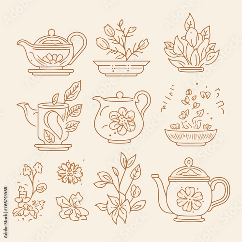 Tea mono line elements for menu package design. 