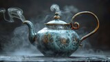 Artistic teapot arrangement, steam curls, contrast lighting, detailed craftsmanship, side view high resulution