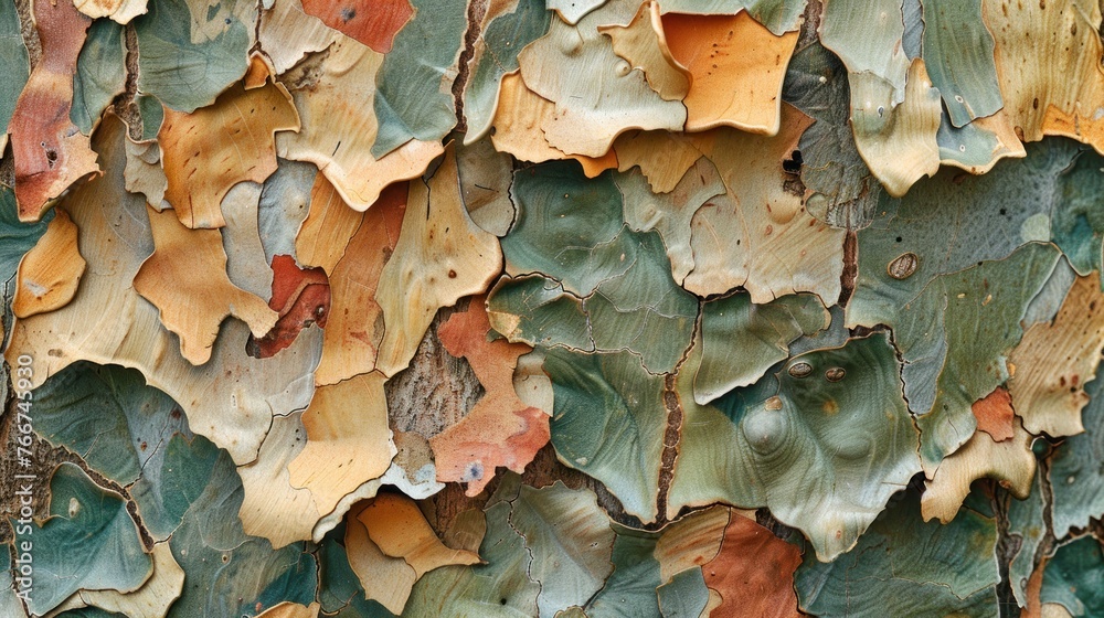 Multicolored Plane Tree Bark in Detail Vivid close-up of multicolored plane tree bark, featuring an array of textures and organic shapes.