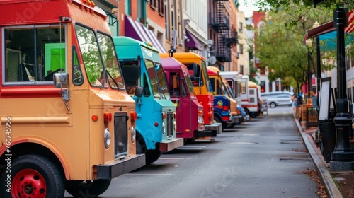 A row of colorful food trucks parked along a busy downtown street each one emitting a unique and tantalizing smell.