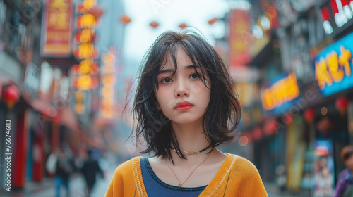 A casual young woman exploring the vibrant streets of Wuhan. He has a chiseled oblong face photo