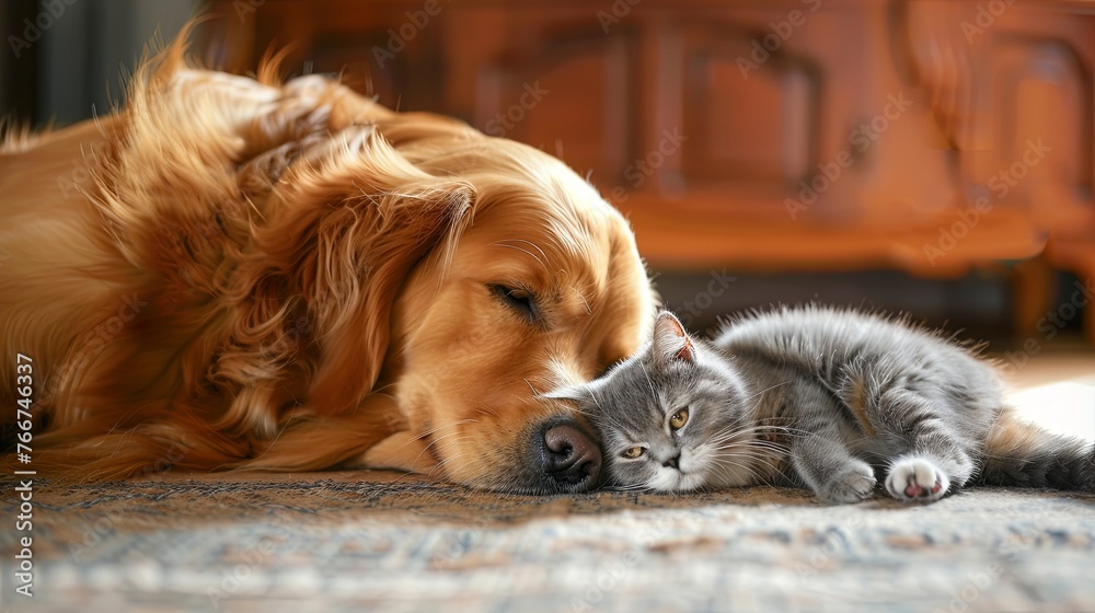 Photo of a golden retriever dog and British shorthair cat playfully interacting on the floor