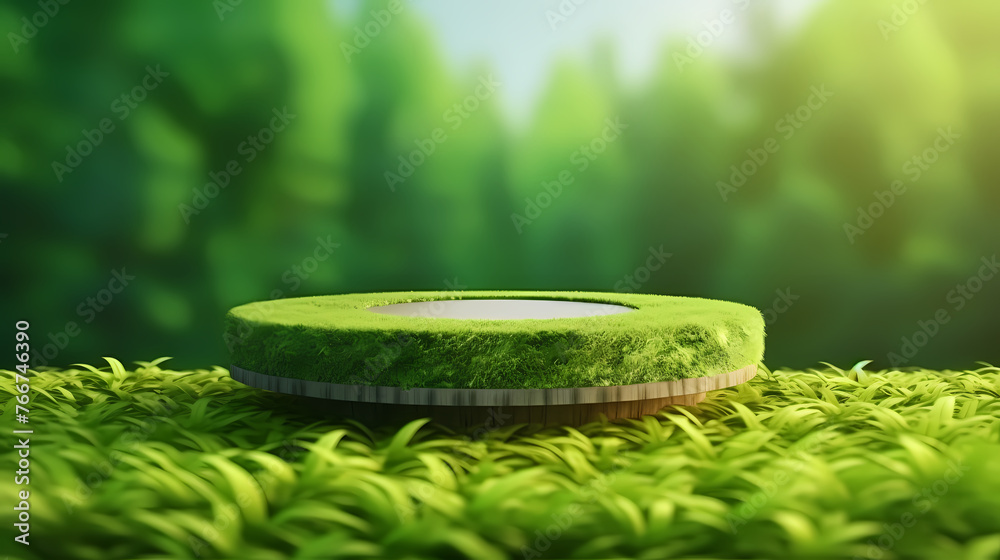 Podium displaying product advertisement on blurred background of green jungle Podium displaying product advertisement on blurred background of green jungle