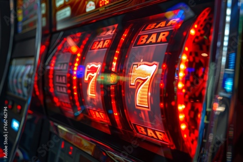Slot machine with sevens, glowing lights