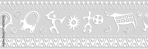 Ethnic seamless border on the theme of rock paintings, vector design, banner 