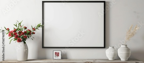 Mockup of a poster frame, viewed from the front, featuring decorative elements, flowers, and empty space on a white wall.