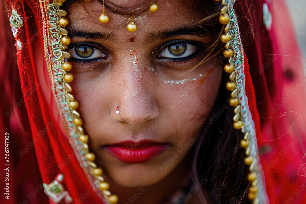 A striking close-up of a young Indian woman