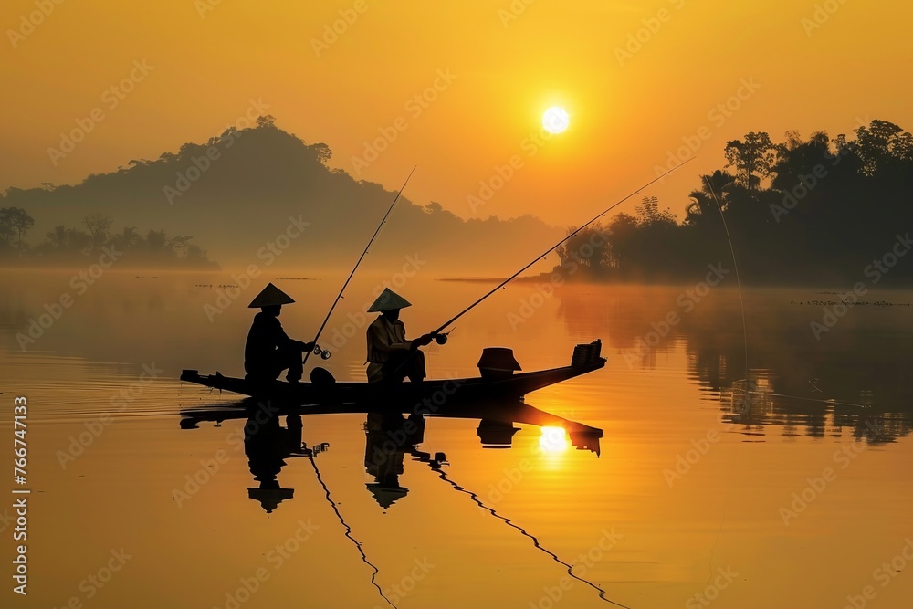 A peaceful scene of Asian fishermen on a tranquil pond, their bamboo fishing rods silhouetted against the setting sun, Generative AI