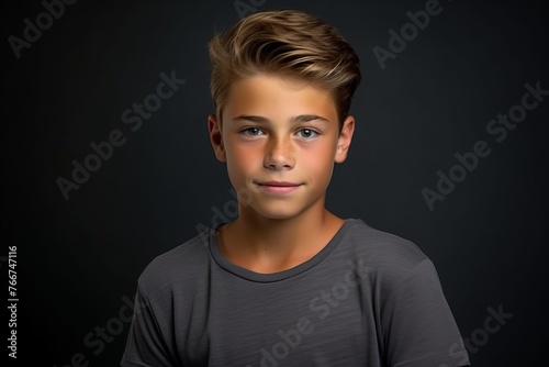 Portrait of a young boy on a dark background. Studio shot.