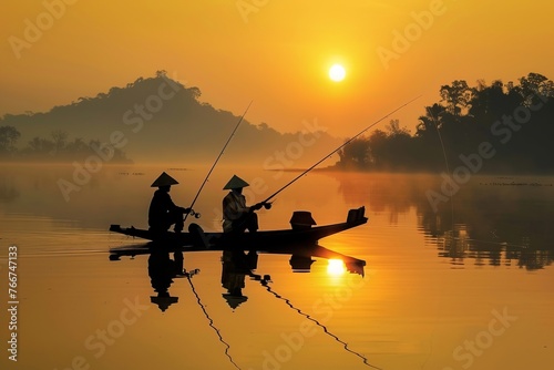 A peaceful scene of Asian fishermen on a tranquil pond, their bamboo fishing rods silhouetted against the setting sun, Generative AI © ManusiaIkan