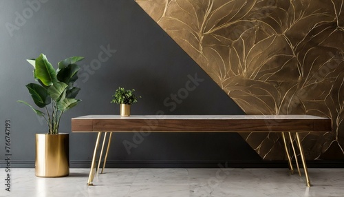 Modern color marble wall, home office, home desk, dark brown and gold color wall design