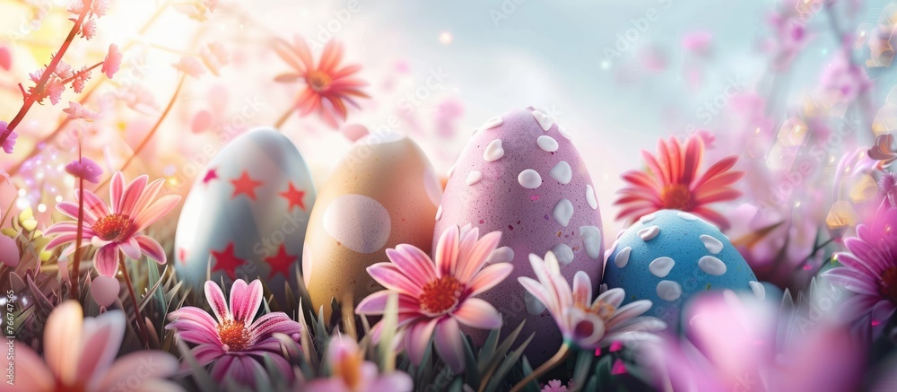 Joyful Easter. Festive Easter backdrop with decorated eggs and blooming flowers. Joyful Easter. Festive Easter backdrop with decorated eggs and blooming flowers.