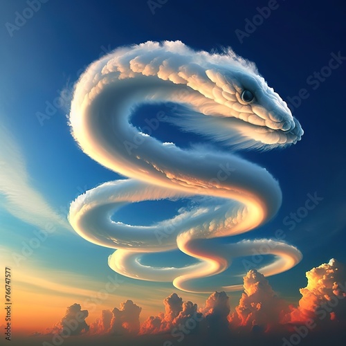 Lightly colored cloud sculpted into the shape of a snake anacona in the clear blue sky
