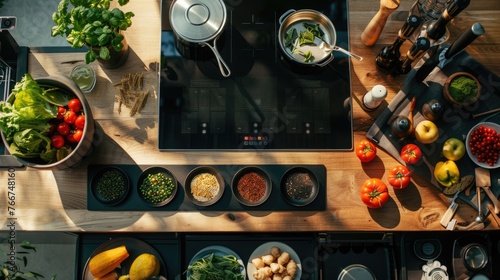 Modern kitchen with an induction stove, fresh vegetables, and assorted spices, ready for a healthy cooking session.