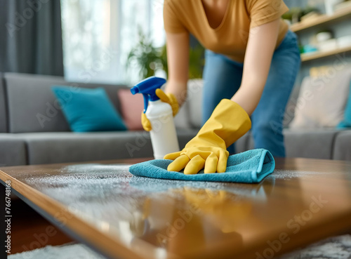 Close up Young woman wearing glove hold a rag and spray bottle cleaning living room table.