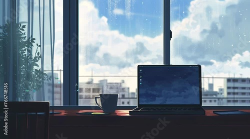 Coffee Break Workspace: Combine productivity with relaxation by placing your laptop beside a window, allowing you to enj Seamless looping 4k time-lapse virtual video animation background. Generated AI photo