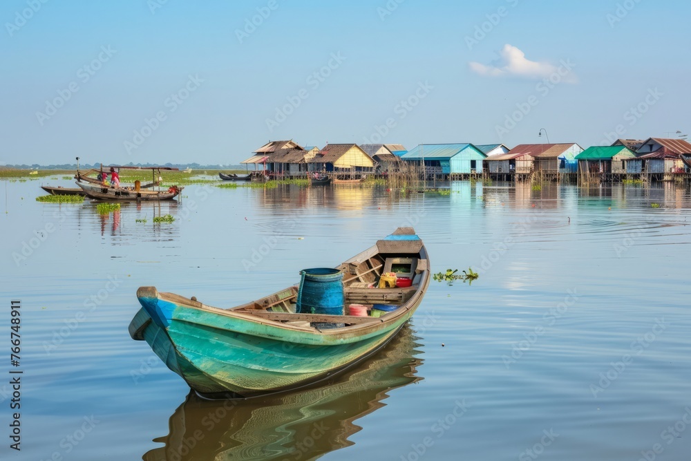 A tranquil lake setting with Asian fishermen in wooden rowboats, their silhouettes reflected in the calm waters as the sun sets, Generative AI