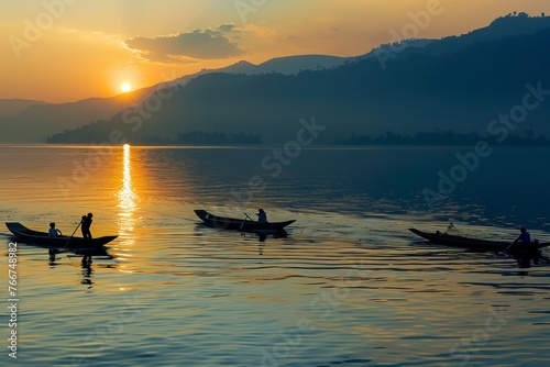  A tranquil scene of Cambodian fishermen in small wooden boats on the Tonle Sap Lake, with floating villages in the background, Generative AI