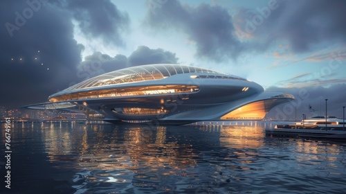 An otherworldly floating stadium designed to resemble an alien spacecraft hovering over the water and creating a unique atmosphere for sporting events.
