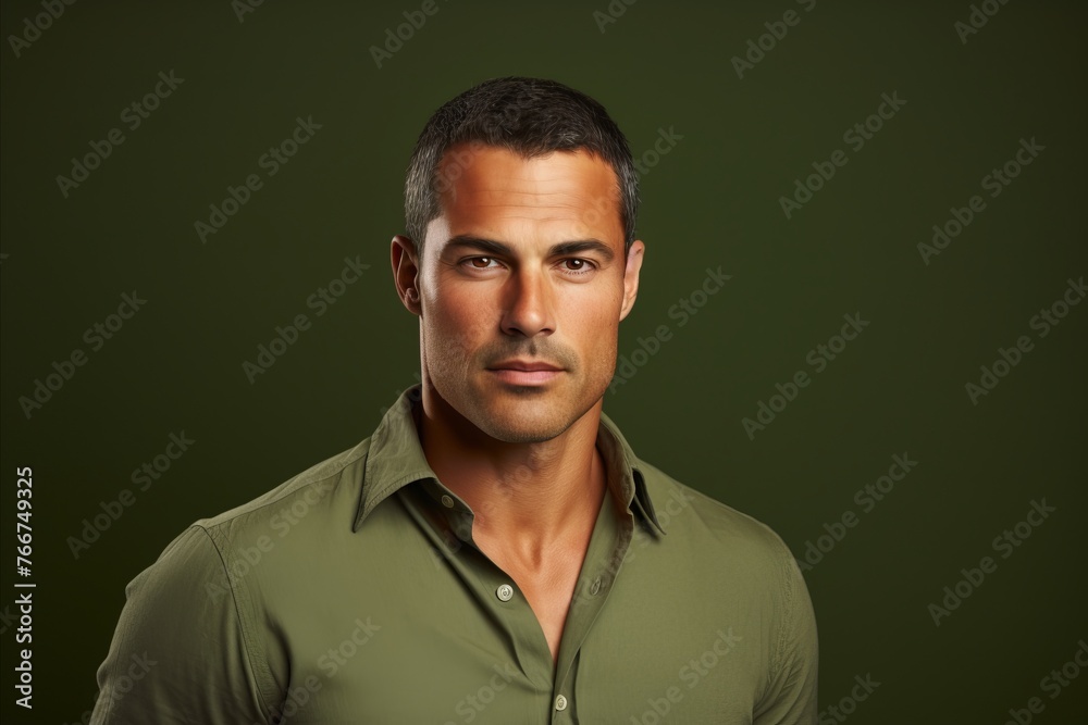 Portrait of handsome young man in shirt over dark green background. Portrait of handsome young man in shirt over dark green background.