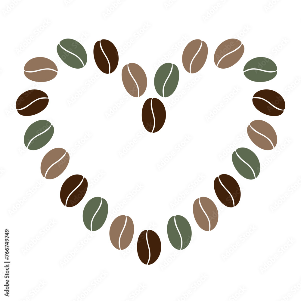 Obraz premium Abstract heart shape of multicolored coffee beans in trendy brown and green Copy space Frame boarder