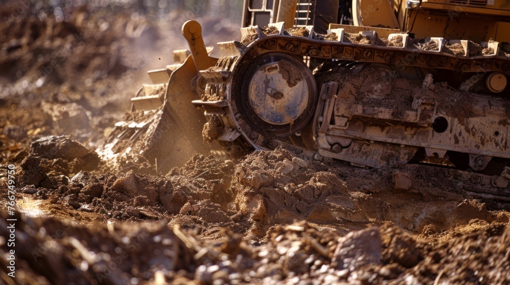 A bulldozer carefully scoops up dirt and debris working to fill in the hole and level out the ground for future development. - obrazy, fototapety, plakaty 
