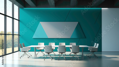 A sleek meeting room in striking teal hues, featuring an empty white frame against a backdrop of modern, angular design elements.