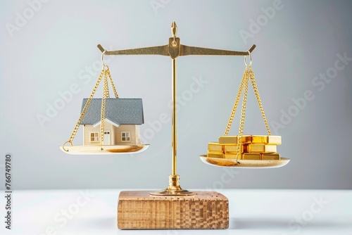Gold bars and house model on balance scale. Real estate investment and value comparison concept. Studio photography with copy space.