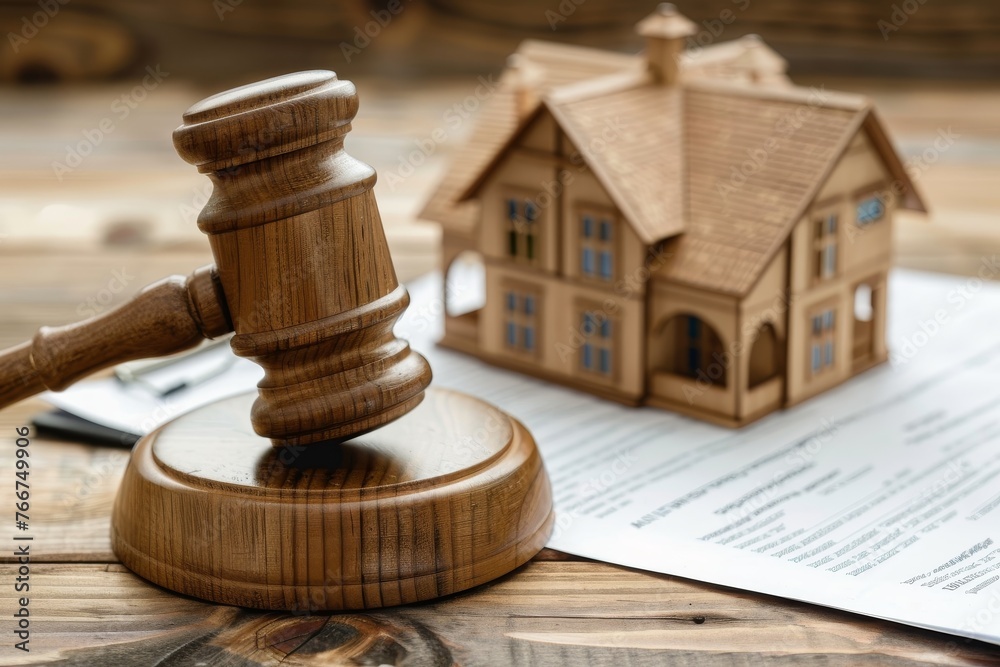 Gavel and house model on a wooden desk. Legal aspects of real estate, property law and auction concept