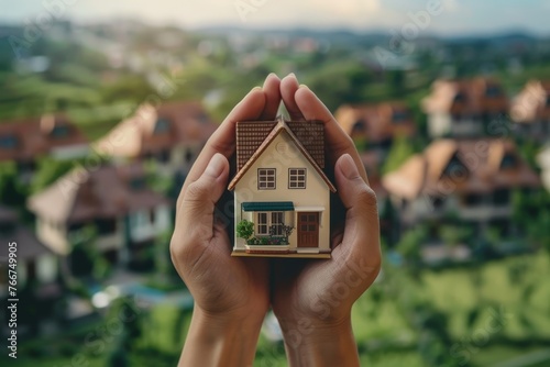 Hands framing a miniature house model with a suburban neighborhood backdrop. Home ownership and real estate investment concept