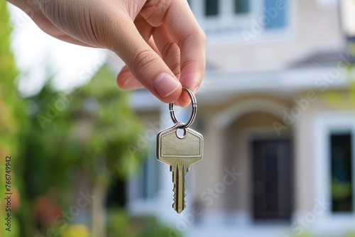 Hand holding house key with keychain, blurred home in background. Real estate purchase and ownership concept