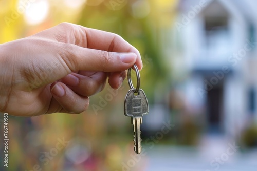 Hand presenting house key with soft-focused house in background. Concept of home buying and real estate investment
