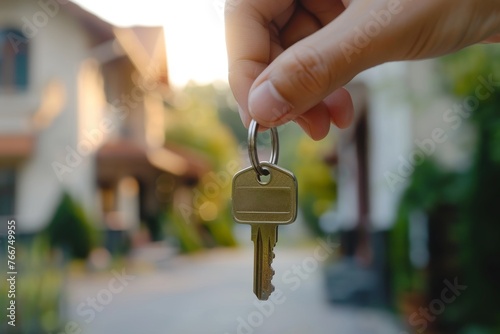 Close-up of hand holding key in front of residential house. Property ownership and real estate concept