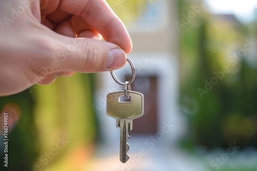 Close-up of a hand holding a shiny house key with a blurred background of a welcoming home entrance, symbolizing new homeownership