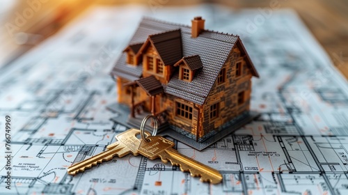 House model on blueprints with key. Concept of architecture, property planning, and real estate development