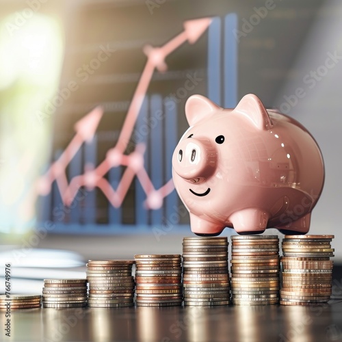 Piggy bank on stack of coins with financial growth chart in background. Savings and investment concept