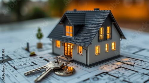 Illuminated miniature house model on architectural blueprints with house key. Real estate development and planning concept